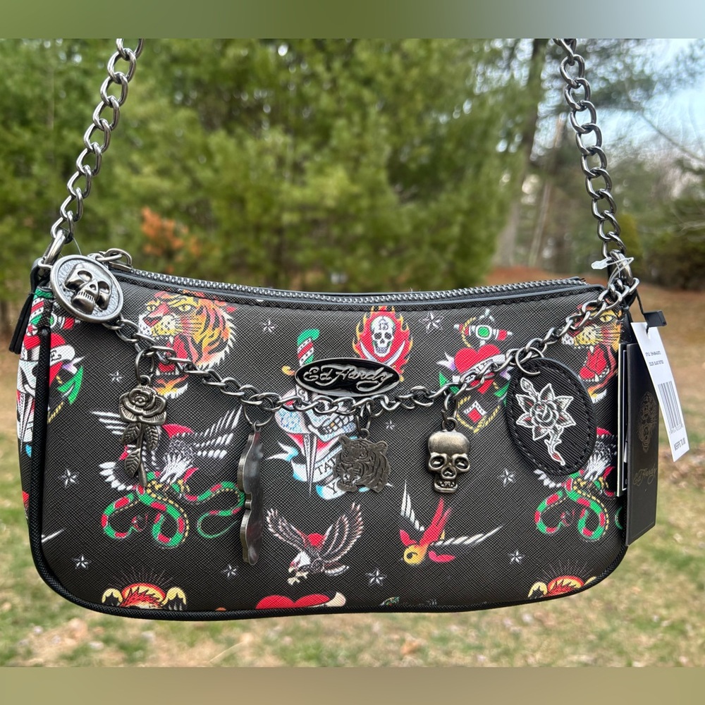 Ed Hardy Black Tattoo-Print Chain Shoulder Bag with Multicolor Accents